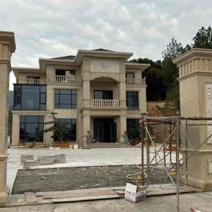 珠海 黄金麻花岗岩别墅雕花外墙干挂配上门口雕花罗马柱